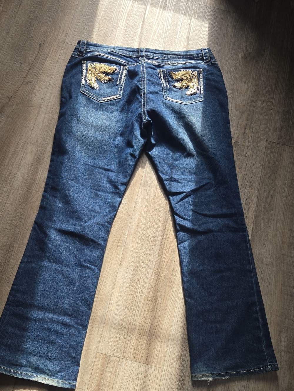 Dark Blue Flare Jeans with Gold Sequin Pocket Detail